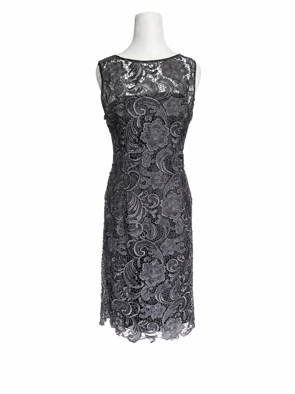 Adrianna Papell Size 6 Dress Gray Illusion Floral Lace Sleeveless Sheath